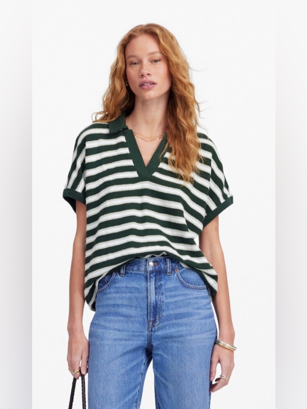 NWT Madewell Relaxed V-Neck Polo Shirt in Stripe 100% Cotton - Size XS